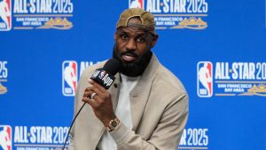 Los Angeles Lakers forward LeBron James speaks during a press conference before the NBA basketball All-Star game Sunday, Feb. 16, 2025, in San Francisco. (AP Photo/Godofredo A. Vásquez)