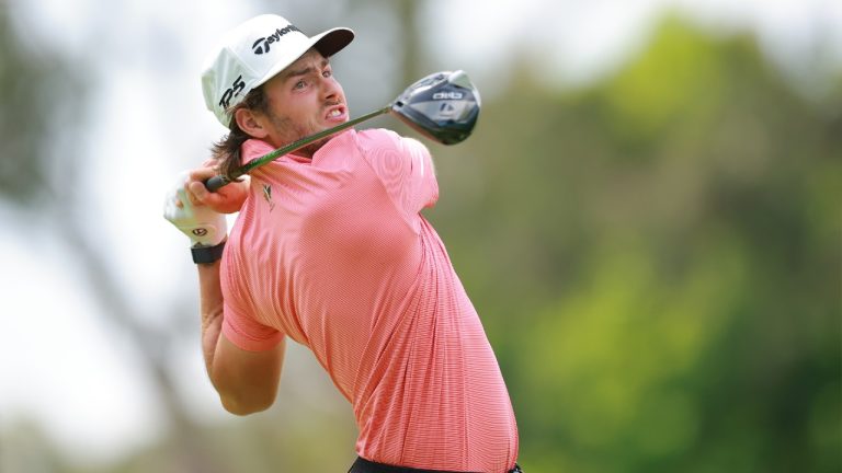 Matthew Anderson of Canada plays his shot from the 16th tee during the second round of the Astara Golf Championship. (Hector Vivas/Getty Images)