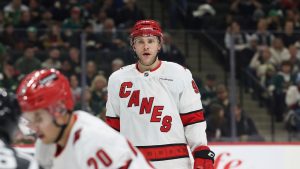 Carolina Hurricanes right wing Mikko Rantanen lines up for a face-off against the Minnesota Wild during the second period of an NHL hockey game Thursday, Feb. 6, 2025, in St. Paul, Minn. (Stacy Bengs/AP)