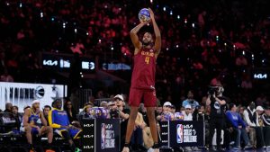 Cleveland Cavaliers centre Evan Mobley competes during the skills challenge at the NBA basketball All-Star Saturday night festivities Saturday, Feb. 15, 2025, in San Francisco. (Godofredo A. Vásquez/AP)