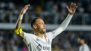 Brazil's Neymar reacts during his debut for Santos FC in a Sao Paulo league soccer match against Botafogo-SP, in Santos, Brazil., Wednesday, Feb. 5, 2025. (Andre Penner/AP)