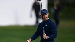 Rory McIlroy, of Northern Ireland, reacts after making a birdie putt on the 15th hole at Pebble Beach Golf Links during the final round of the AT&T Pebble Beach Pro-Am golf tournament, Sunday, Feb. 2, 2025, in Pebble Beach, Calif. (Nic Coury/AP)