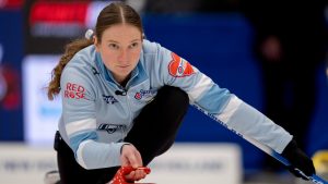 Quebec skip Laurie St-Georges delivers a stone during Scotties Tournament of Hearts action against Manitoba's Einarson in Thunder Bay, Ont. on Monday, February 17, 2025. (Frank Gunn/CP)