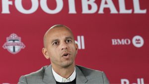 Jason Hernandez, general manager Toronto FC, speaks to the media during a press conference in Toronto on October 17, 2024. (Nathan Denette/CP)