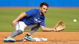 Toronto Blue Jays shortstop Bo Bichette catches a ball at second base during a drill at spring training in Dunedin, Fla., on Wednesday, Feb.19, 2025. Bichette looks like himself again at spring training after an injury-plagued 2024 season. (Nathan Denette/CP)