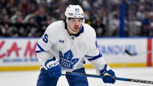 Toronto Maple Leafs left wing Nicholas Robertson (89) skates during the first period of an NHL hockey game against the Buffalo Sabres in Buffalo, N.Y., Friday, Dec. 20, 2024. (Adrian Kraus/AP)