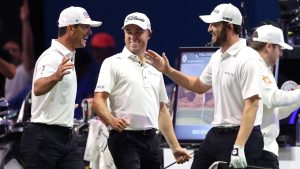 Atlanta Drive GC players celebrate after defeating Los Angeles Golf Club, 6-5 in overtime, during their TGL presented by SoFi match at SoFi Center on February 17, 2025 in Palm Beach Gardens, Florida. (Photo by Megan Briggs/TGL/TGL via Getty Images)