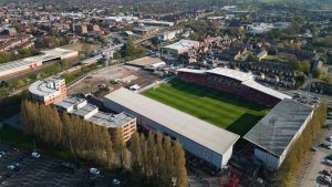 An aerial view of Wrexham's Racecourse Ground seen before their National League soccer match against Yeovil Town in, Wrexham, Wales, Tuesday, April 18, 2023. (Jon Super/AP)