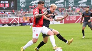 Cavalry FC’s Fraser Aird, left, and Kyle Bekker of Forge FC will be important players for their respective teams in this year’s Concacaf Champions Cup. (Mike Sturk/CFC Media)