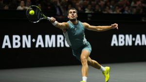 Spain's Carlos Alcaraz returns to Poland's Hubert Hurkacz during the semi-final match of the ABN AMRO Tennis Tournament in Rotterdam, Netherlands, Saturday, Feb. 8, 2025. (Peter Dejong/AP)