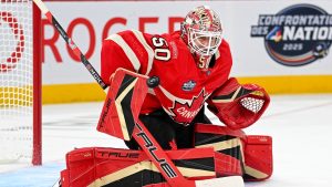 Canada goaltender Jordan Binnington (50) makes a save against Sweden during second period 4 Nations Face-Off hockey action in Montreal, Wednesday, February 12, 2025. (Graham Hughes/CP)