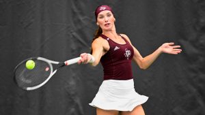 Carson Branstine of the Texas A&M hits a forehand in doubles play against Aggies Georgia Bulldogs during the Division I Women's Tennis Championship held at Greenwood Tennis Center on May 19, 2024 in Stillwater, Oklahoma. (Gerald Leong/NCAA Photos via Getty Images)