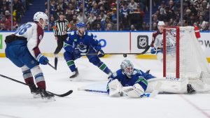 Colorado Avalanche's Martin Necas (88) watches as his shot deflects off the post above Vancouver Canucks goalie Thatcher Demko (35) and stays out of the net as Marcus Pettersson (29) watches during the first period of an NHL hockey game in Vancouver, on Tuesday, February 4, 2025. (Darryl Dyck/CP)