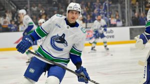 Vancouver Canucks defenceman Carson Soucy warms up prior to an NHL hockey game against the Los Angeles Kings, Thursday, Nov. 7, 2024, in Los Angeles. (Jayne-Kamin-Oncea/AP)