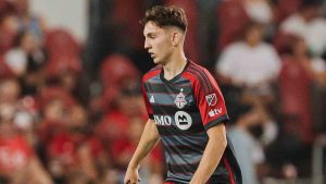 Centre back Lazar Stefanovic, is shown in this handout photo, in action for Toronto FC on July 1, 2023, in MLS play against Real Salt Lake. THE CANADIAN PRESS/HO-Toronto FC-Lucas Kschischang