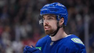 Vancouver Canucks' Filip Chytil waits for a faceoff during third period NHL hockey action against the Detroit Red Wings in Vancouver, B.C., Sunday, Feb. 2, 2025. (Darryl Dyck/THE CANADIAN PRESS)