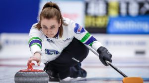 Team British Columbia-Brown skip Corryn Brown makes a shot as they play Team Alberta at the Scotties Tournament of Hearts in Calgary, Alta., Thursday, Feb. 22, 2024. 
(Jeff McIntosh/CP)