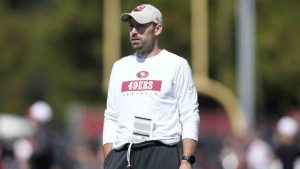 San Francisco 49ers offensive passing game specialist Klay Kubiak looks on during NFL football training camp in Santa Clara, Calif., July 31, 2024. (Jeff Chiu/AP)