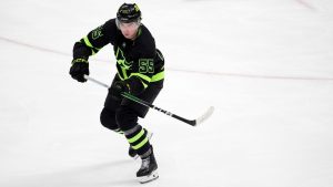 Dallas Stars' Thomas Harley follows through on a pass during an NHL hockey game against the Carolina Hurricanes in Dallas, Tuesday, Jan. 21, 2025. (Tony Gutierrez/AP)