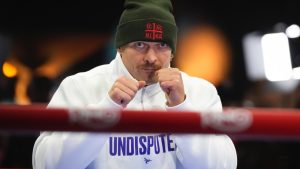 Ukraine's Oleksandr Usyk during a public workout at the Boulevard World shopping mall in Riyadh, Saudi Arabia before his WBA, WBO, and WBC heavyweight title bout with Britain's Tyson Fury. (AP Photo/Frank Augstein)