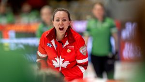 Team Canada skip Rachel Homan calls a sweep during Scotties Tournament of Hearts action against Saskatchewan in Thunder Bay, Ont., Monday, Feb. 17, 2025. (Frank Gunn/THE CANADIAN PRESS)