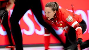 Team Canada skip Rachel Homan watches her shot during Scotties Tournament of Hearts action against Alberta's Kayla Skrlik in Thunder Bay, Ont. on Sunday, February 16, 2025. (Frank Gunn/CP)