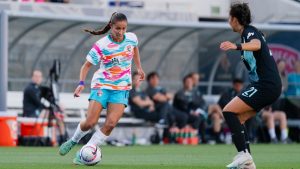 Canadian forward Mya Jones (left) dribbles the ball for San Diego Wave during a National Women’s Soccer League match against NJ/NY Gotham FC, May 12, 2024, at Snapdragon Stadium in San Diego. Jones has joined AFC Toronto of the new Northern Super League on a season-long loan from San Diego. (CP/HO-San Diego Wave)