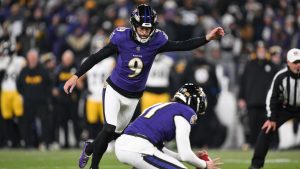 Baltimore Ravens place kicker Justin Tucker (9) kicks a field goal during the second half of an NFL wild card playoff football game against the Pittsburgh Steelers, Saturday, Jan. 11, 2025, in Baltimore. (Terrance Williams/AP)