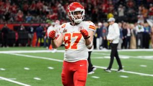 Kansas City Chiefs tight end Travis Kelce (87) warms up prior to the NFL Super Bowl 59 football game against the Philadelphia Eagles, Sunday, Feb. 9, 2025, in New Orleans. (Frank Franklin II/AP)