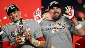 Kansas City Chiefs quarterback Patrick Mahomes and tight end Travis Kelce celebrate victory against the Buffalo Bills after the AFC Championship NFL football game, Sunday, Jan. 26, 2025, in Kansas City, Mo.(Reed Hoffmann/AP)