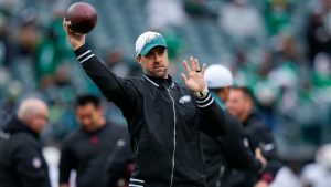 Philadelphia Eagles passing game coordinator Kevin Patullo helps his team work out prior to an NFL football game against the Arizona Cardinals, Sunday, Dec. 31, 2023, in Philadelphia. (Matt Slocum/AP)