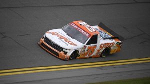 Parker Kligerman (75) during qualifying for a NASCAR truck series auto race at Daytona International Speedway, Friday, Feb. 14, 2025, in Daytona Beach, Fla. (Phelan M. Ebenhack/AP)