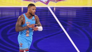 Milwaukee Bucks guard Damian Lillard celebrates after scoring during the NBA All-Star basketball game Sunday, Feb. 16, 2025, in San Francisco. (Jed Jacobsohn/AP)