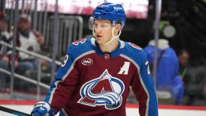 Colorado Avalanche centre Nathan MacKinnon (29) in the second period of an NHL hockey game. (David Zalubowski/AP)