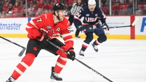 Canada's Connor McDavid (97) skates on his way to scoring against the United States during first period 4 Nations Face-Off hockey action in Montreal, Saturday, February 15, 2025. (Graham Hughes/CP)