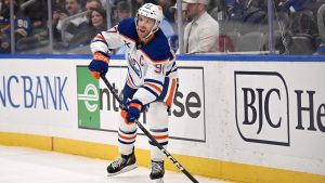 Edmonton Oilers' Connor McDavid (97) in action during the third period of an NHL hockey game against the St. Louis Blues, Tuesday, Feb. 4, 2025, in St. Louis. (Connor Hamilton/AP Photo)