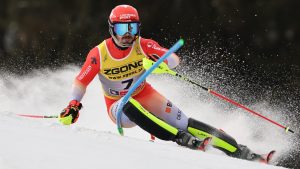 Switzerland's Loic Meillard competes in a men's slalom, at the Alpine Ski World Championships, in Saalbach-Hinterglemm, Austria, Sunday, Feb. 16, 2025. (Marco Trovati/AP)