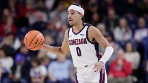 Gonzaga guard Ryan Nembhard (0) controls the ball during the second half of an NCAA college basketball game, against Santa Clara Saturday, Jan. 18, 2025, in Spokane, Wash. (Young Kwak/AP Photo)