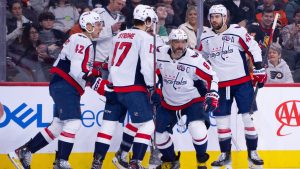 Washington Capitals' Alex Ovechkin, center right, celebrates his goal with teammates during the first period of an NHL hockey game against the Philadelphia Flyers, Thursday, Feb. 6, 2025, in Philadelphia. (Chris Szagola/AP)