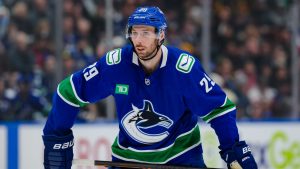 Marcus Pettersson of the Vancouver Canucks looks on during the first period of their NHL game against the Detroit Red Wings at Rogers Arena on February 2, 2025 in Vancouver. (Derek Cain/Getty Images)