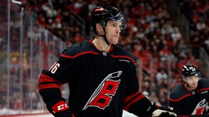 Carolina Hurricanes' Mikko Rantanen (96) waits for a face-off against the Chicago Blackhawks during the second period of an NHL hockey game in Raleigh, N.C., Sunday, Feb. 2, 2025. (Karl DeBlaker/AP)