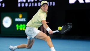 Jannik Sinner of Italy plays a backhand return to Alexander Zverev of Germany during the men's singles final at the Australian Open tennis championship in Melbourne, Australia, Sunday, Jan. 26, 2025. (Asanka Brendon Ratnayake/AP)