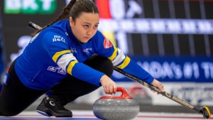 Alberta skip Kayla Skrlik delivers a shot against New Brunswick in Scotties Tournament of Hearts curling action in Thunder Bay, Ont. on Friday, February 14, 2025. (Frank Gunn/CP)