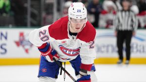 Montreal Canadiens left wing Juraj Slafkovsky watches a face-off against the Dallas Stars during an NHL hockey game in Dallas, Thursday, Jan. 16, 2025. (Tony Gutierrez/AP)