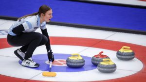 Team Quebec skip Laurie St-Georges directs her teammates as they play Team Northern Ontario at the Scotties Tournament of Hearts in Calgary, Wednesday, Feb. 21, 2024. (Jeff McIntosh/CP)