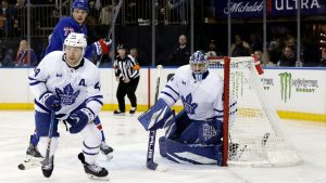 Toronto Maple Leafs goaltender Anthony Stolarz (41) defends in the second period of an NHL hockey game against the New York Rangers Friday, Feb. 28, 2025, in New York. (Adam Hunger/AP)