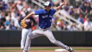 Toronto Blue Jays Brendon Little delivers in the second inning of a spring training baseball game against the Atlanta Braves in North Port, Fla., Saturday, March 1, 2025. THE CANADIAN PRESS/AP-Gerald Herbert