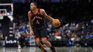 Toronto Raptors forward Scottie Barnes (4) brings the ball up the court during the second half of an NBA basketball game against the Orlando Magic, Tuesday, March 4, 2025, in Orlando, Fla. (Phelan M. Ebenhack/AP)