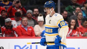 St. Louis Blues centre Brayden Schenn (10) in action during the second period of an NHL hockey game against the Washington Capitals, Thursday, Feb. 27, 2025, in Washington. (Nick Wass/AP)