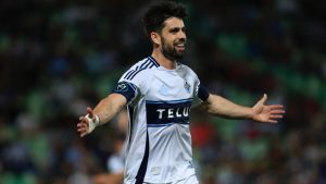 Brian White of Canada's Vancouver Whitecaps celebrates after scoring his side's second goal against Mexico's Monterrey during a CONCACAF Champions Cup soccer match at Corona stadium in Torreon, Mexico, Wednesday, March 12, 2025. (Jesus Gonzalez/AP)